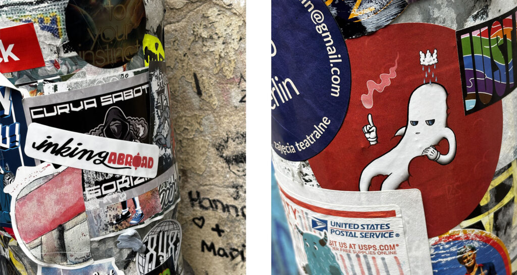 Two photos of a variety of stickers spotted in Berlin